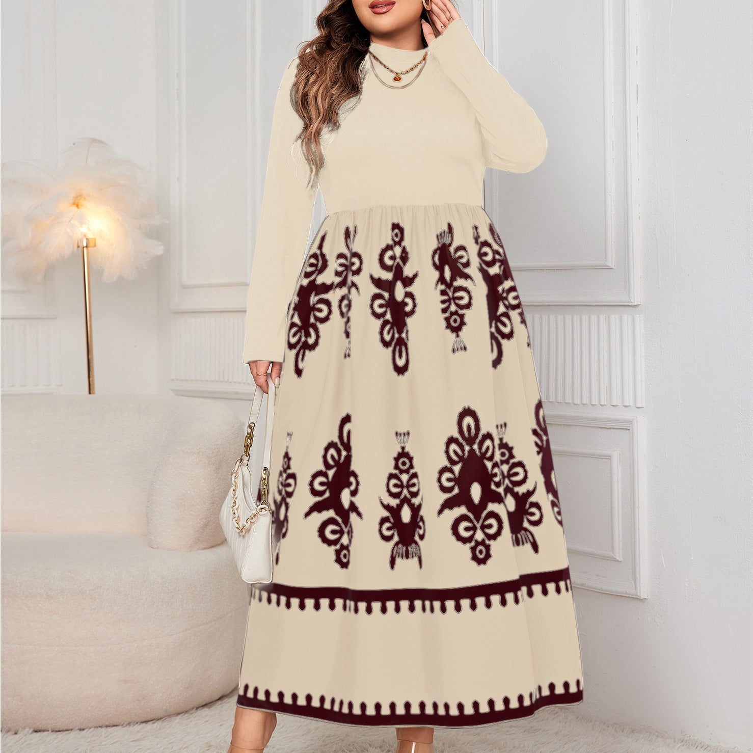 Vestido holgado de manga larga con estampado negro de talla grande