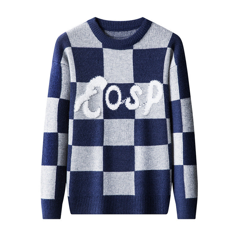 Suéter de cuadros con cuello redondo, suave, cálido y grueso