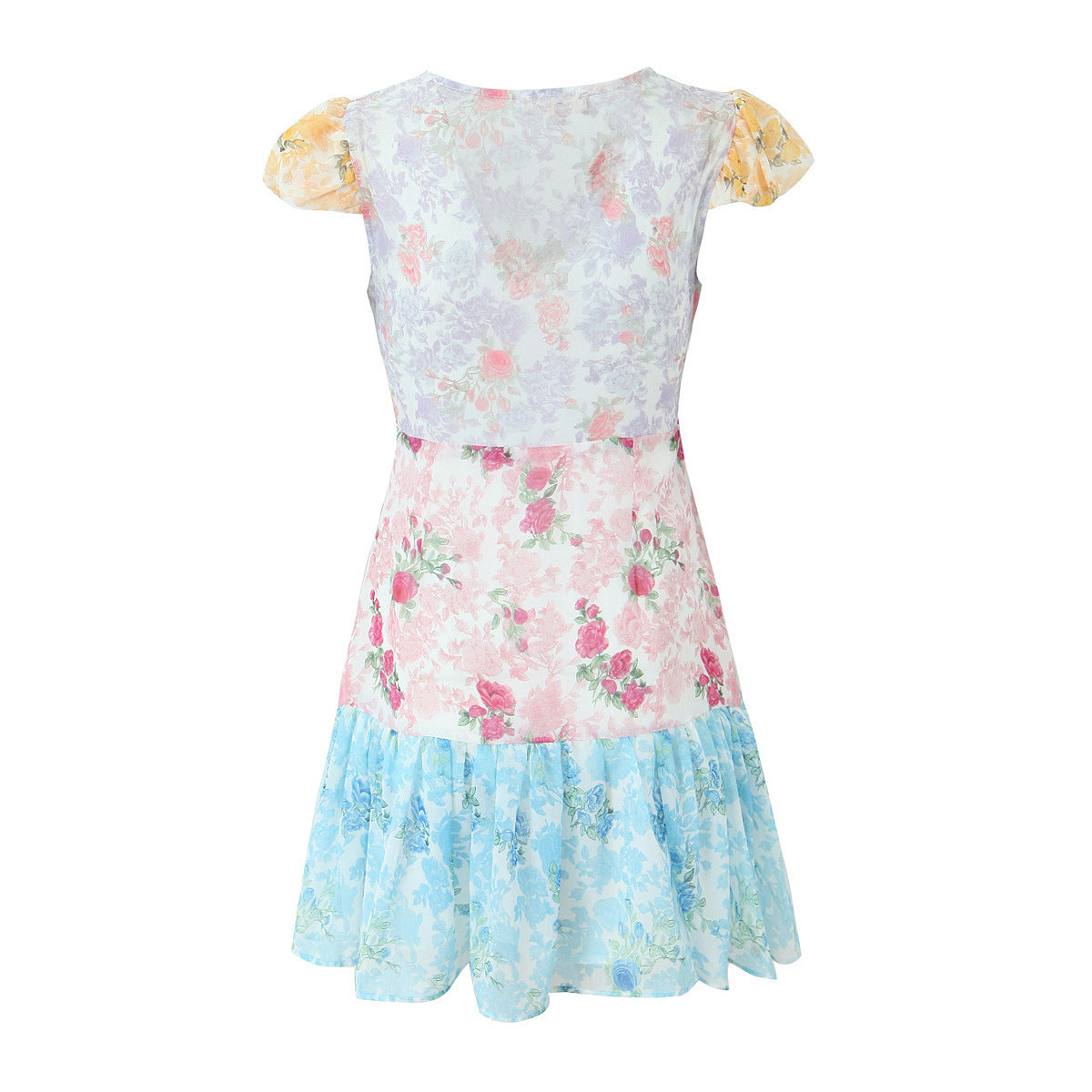 Vestido mini con escote en V y costuras de gasa estampada