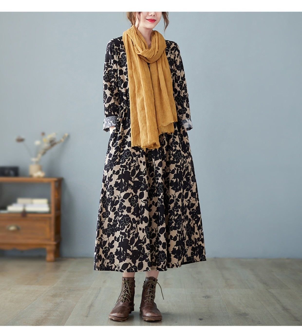 Vestido de algodón y lino con estampado floral estilo retro