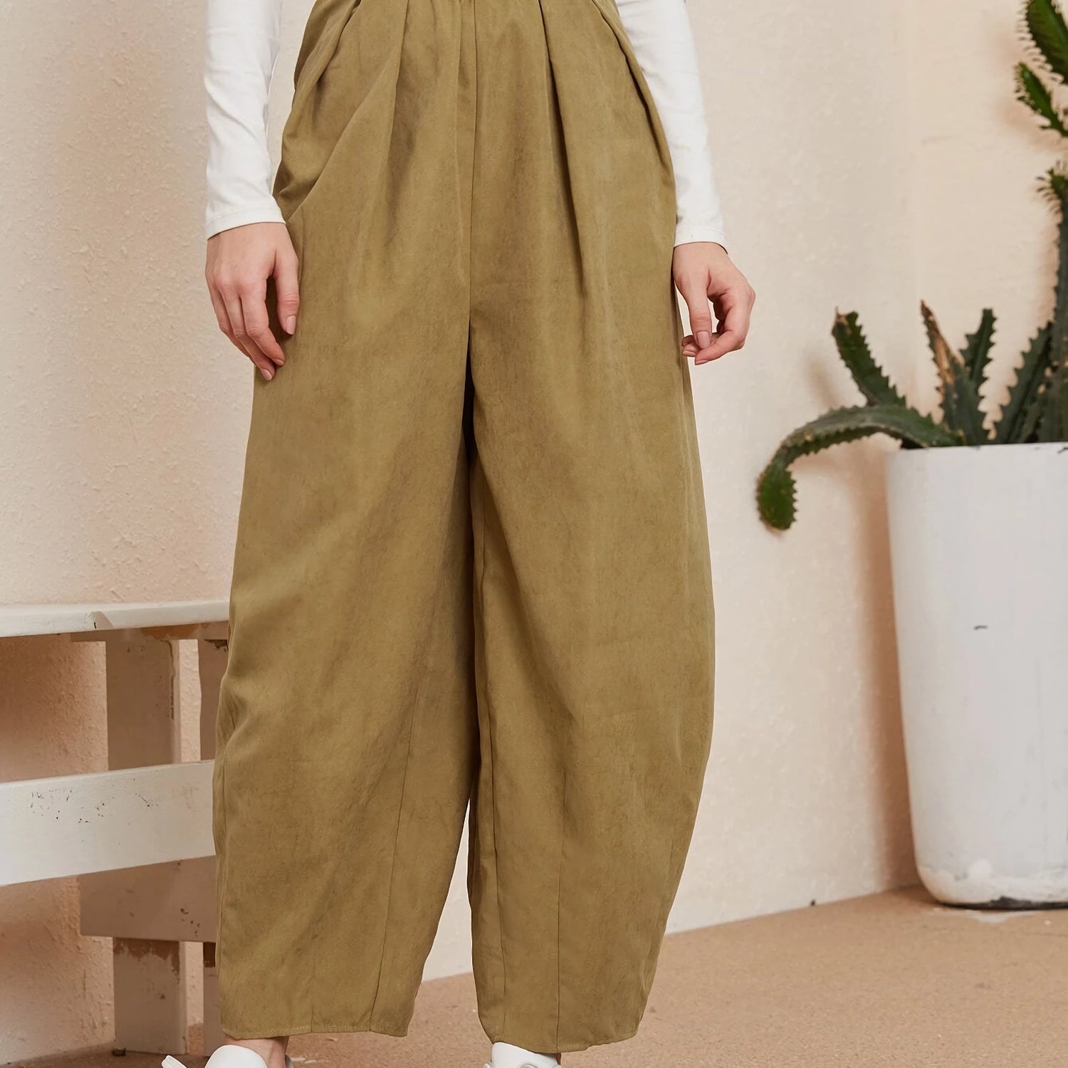 Freizeithose aus Baumwolle mit hoher Taille und Taschen - Locker sitzende Herbsthose