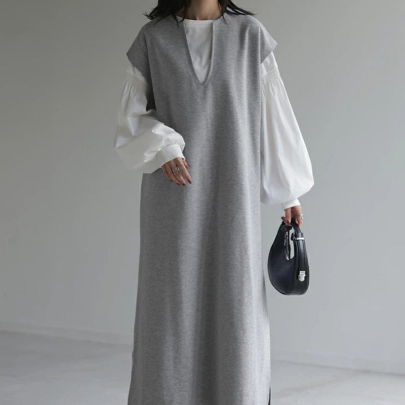 Vestido de lana con escote en V japonés y coreano para otoño e invierno