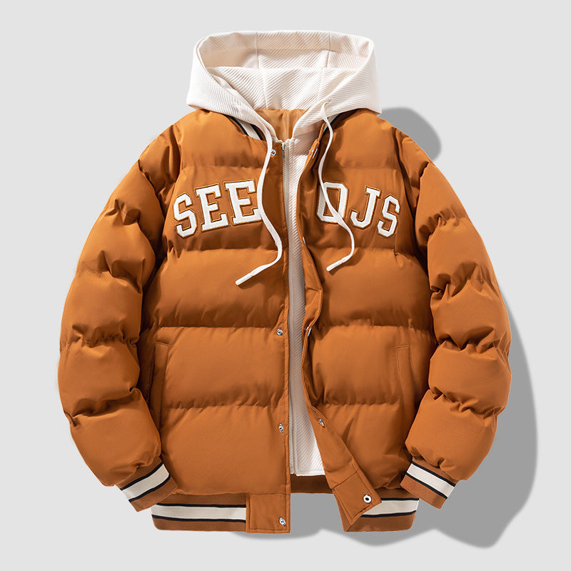 Abrigo de algodón con capucha y letras de moda, chaqueta cálida de invierno con cremallera sólida para hombres y adolescentes
