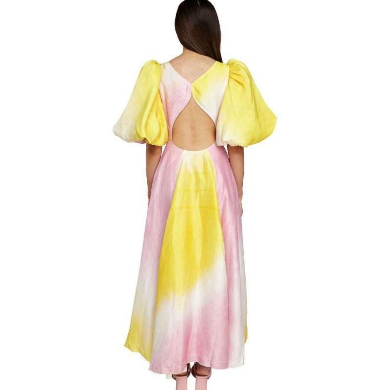 GY24153 Modisches Kleid mit V-Ausschnitt und Laternenärmeln
