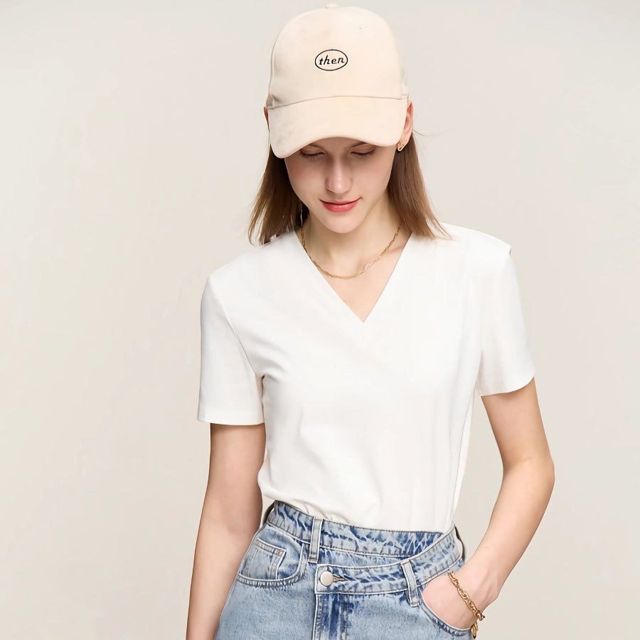 Minimalistisches besticktes Damen-T-Shirt mit V-Ausschnitt