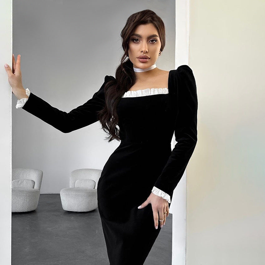 Vestido retro de cuello cuadrado estilo Hepburn para mujer con volantes