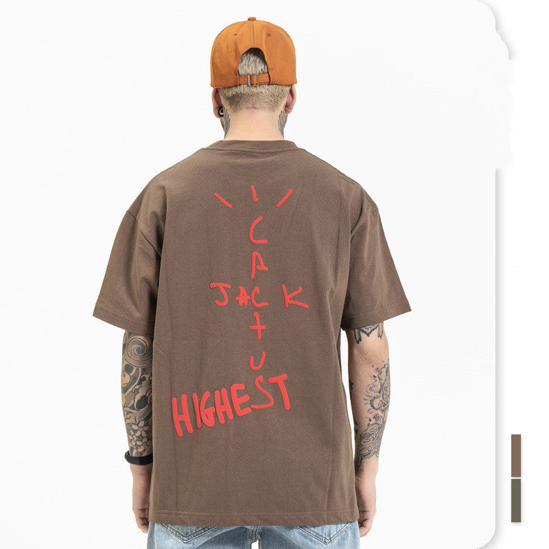 Spring Summer Round Collar Loose Fashion Brand Hip Hop Rap English Print Oversize Short Sleeve