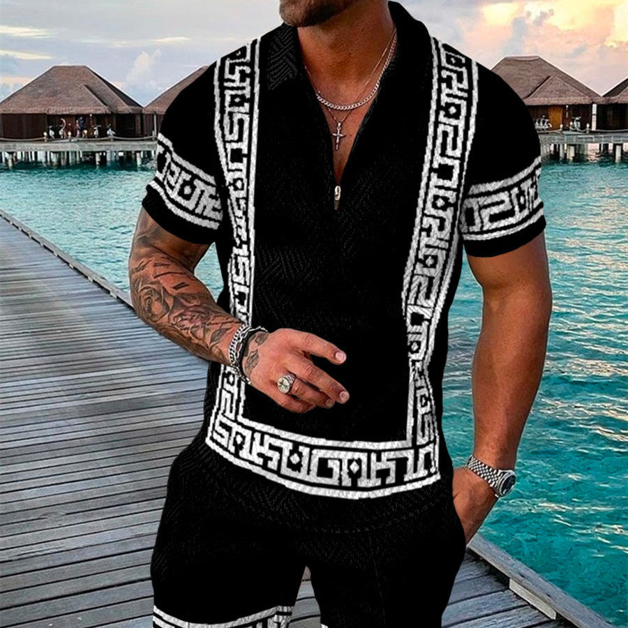 Conjunto de camisa con solapa y cremallera con estampado geométrico de manga corta en 3D de moda de verano para hombre