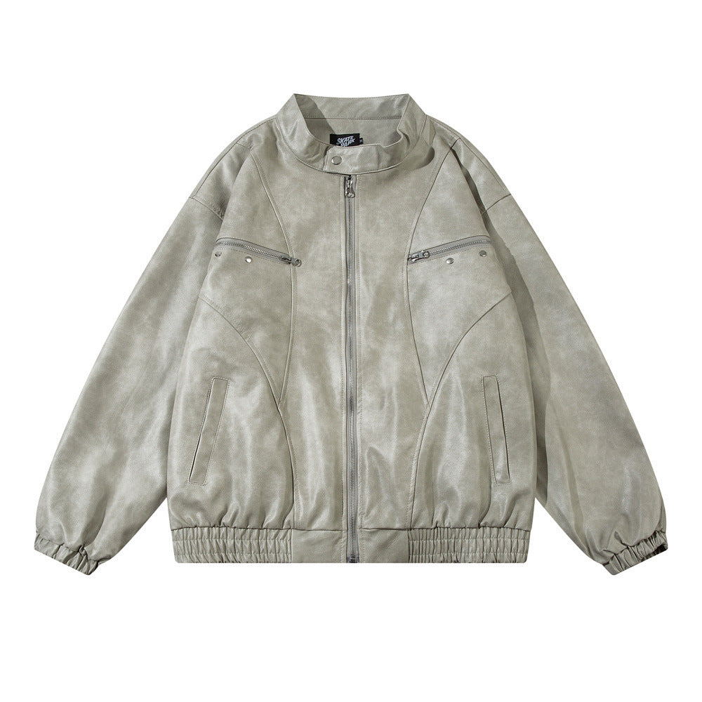 Chaqueta de cuero suelta con letras bordadas para hombre