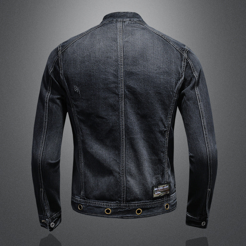 Herren Stehkragen Dunkelblau Motorrad Vintage Reißverschluss Jeansmantel