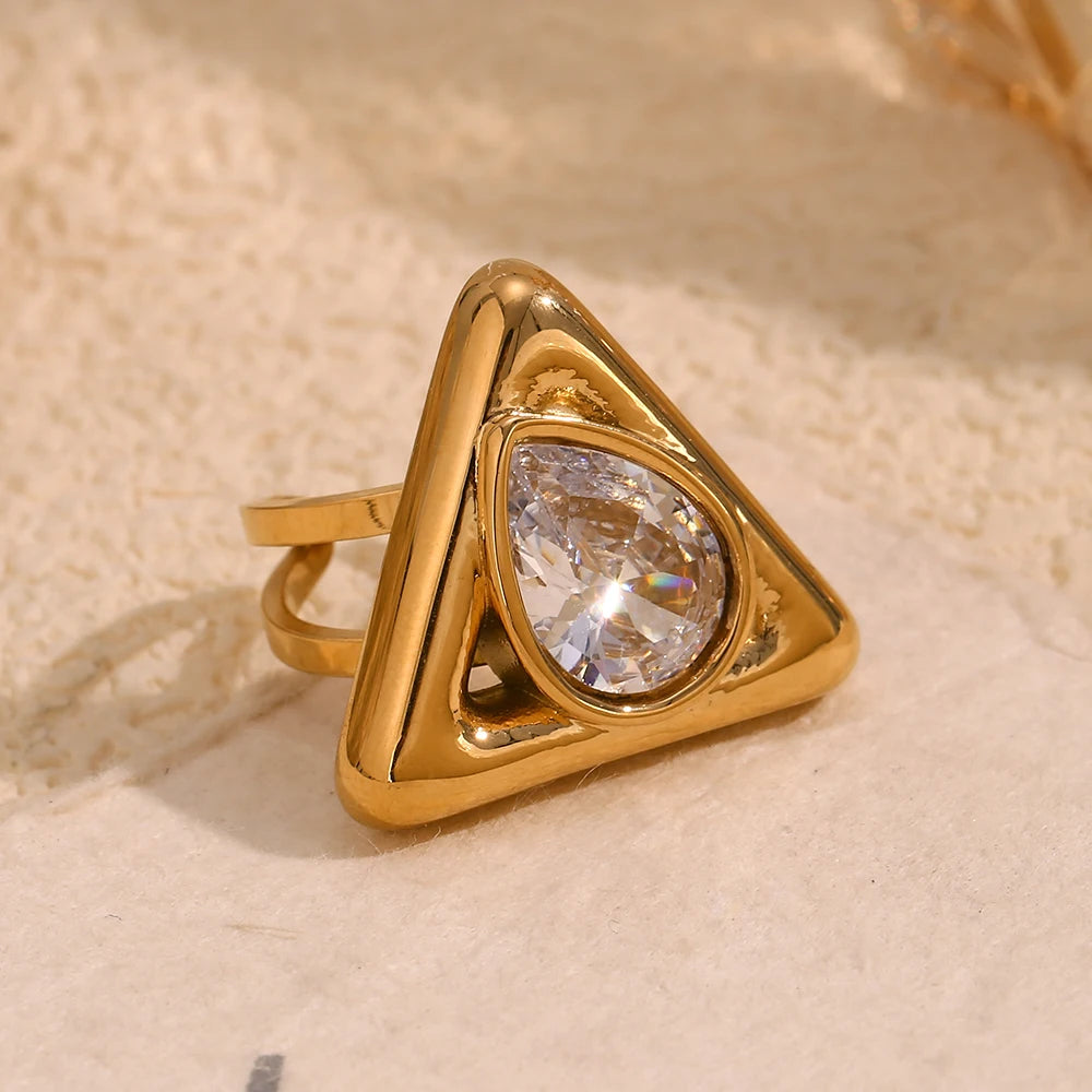 Anillo ajustable triangular con diamantes de imitación chapado en oro de 18 k - Acero inoxidable resistente al deslustre