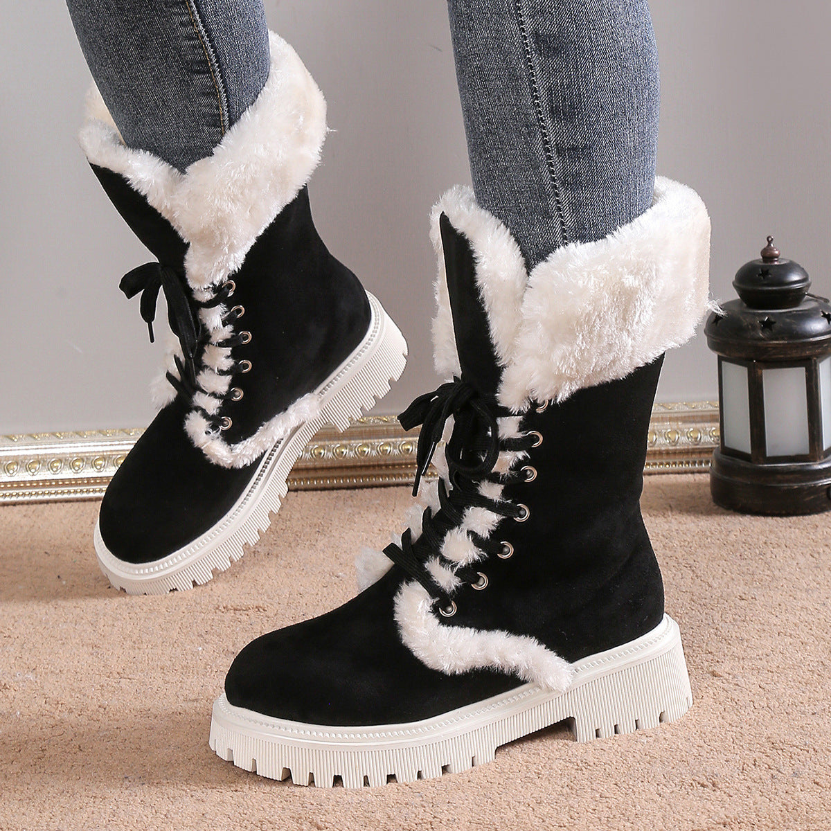 Winter-Schnürstiefeletten für Damen, Fleece-Schuhe mit mittlerem Schaft, warme Plüschstiefel mit klobigen Absätzen