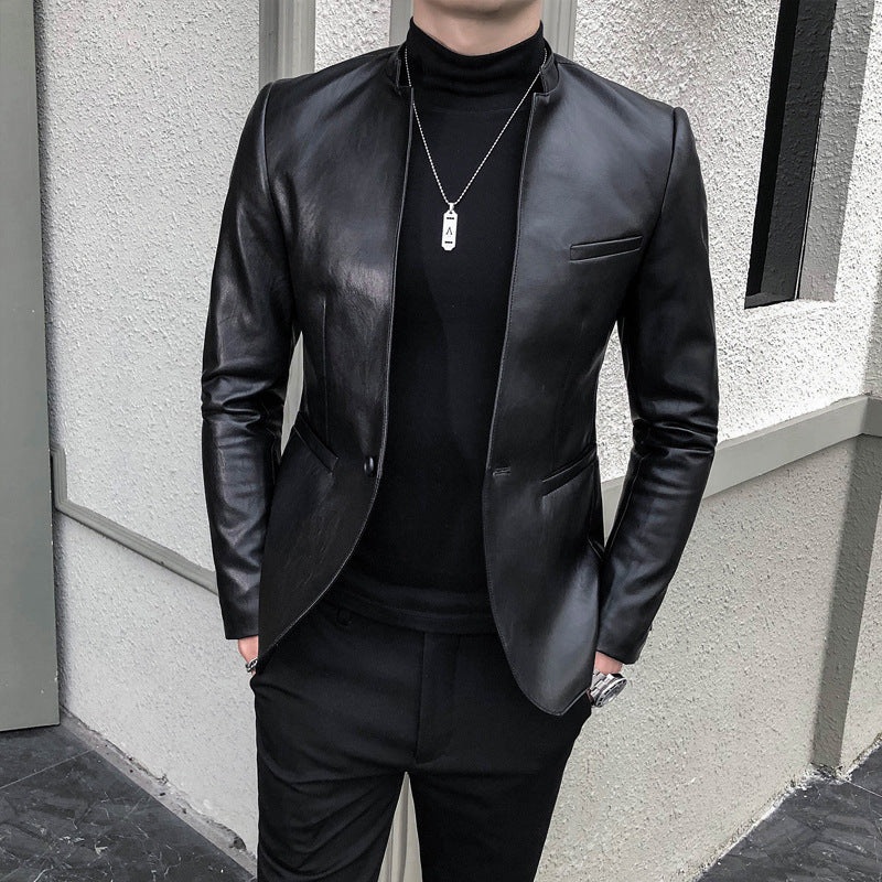 Chaqueta de cuero sencilla de marca de moda de tendencia delgada para hombre