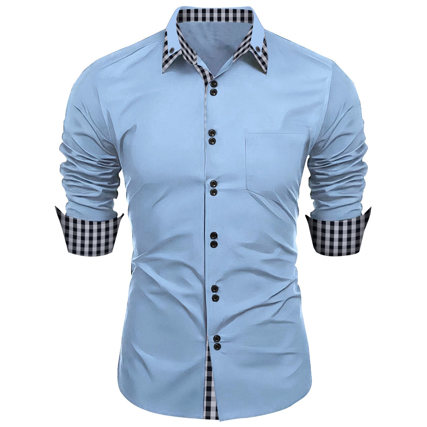 Camisa de solapa a cuadros con costura de cuello estilo europeo y americano