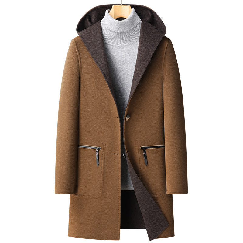 Herbst Winter Mit Kapuze Doppelseitige Tragen Wollmantel Herren Mittellang