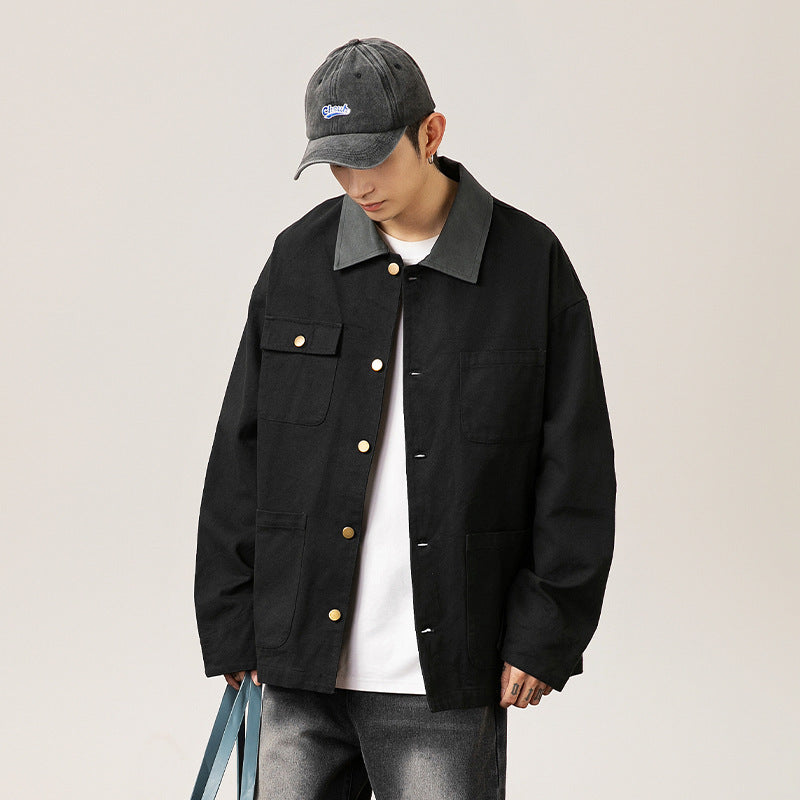 Chaqueta de trabajo estilo japonés con solapas de color en contraste y múltiples bolsillos