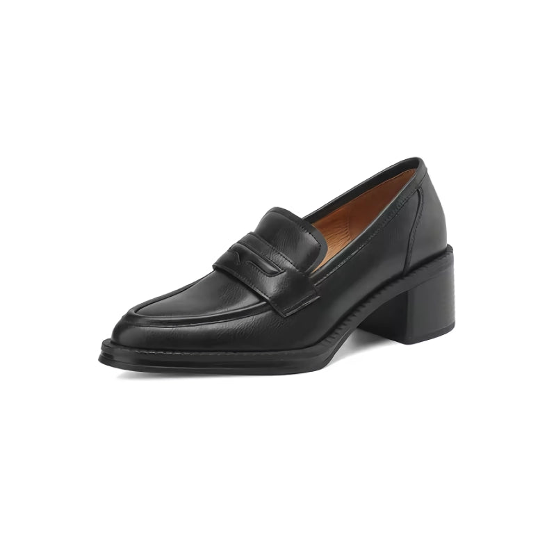 Zapatos de salón clásicos de piel auténtica con tacón cuadrado
