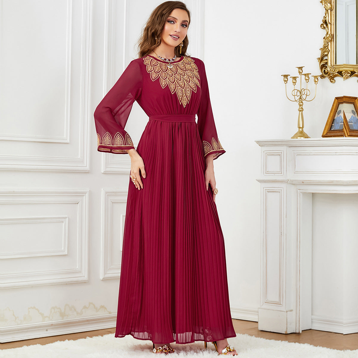 Damenmode Falten Stickerei Perlen Dubai Kleid