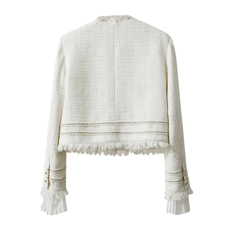 Minimalistische Tweed-Kurzjacke mit Quaste und plissierten Manschetten