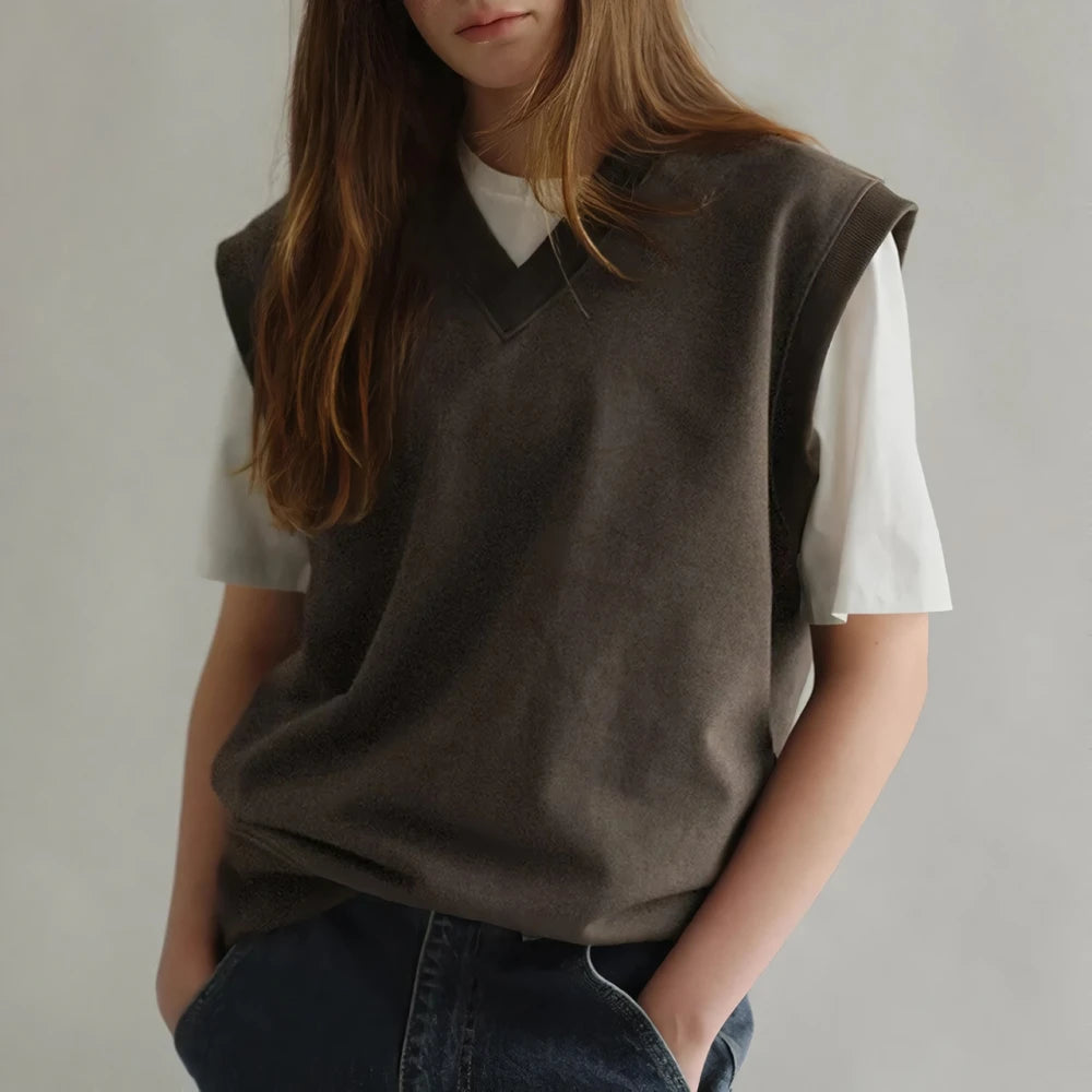 Lockerer ärmelloser Strickpullover mit V-Ausschnitt für Damen - Lässiges Unterhemd-Oberteil für den Herbst