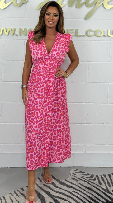 Damen Temperament Bedrucktes Taillenenges Kleid in Rosa mit Leopardenmuster