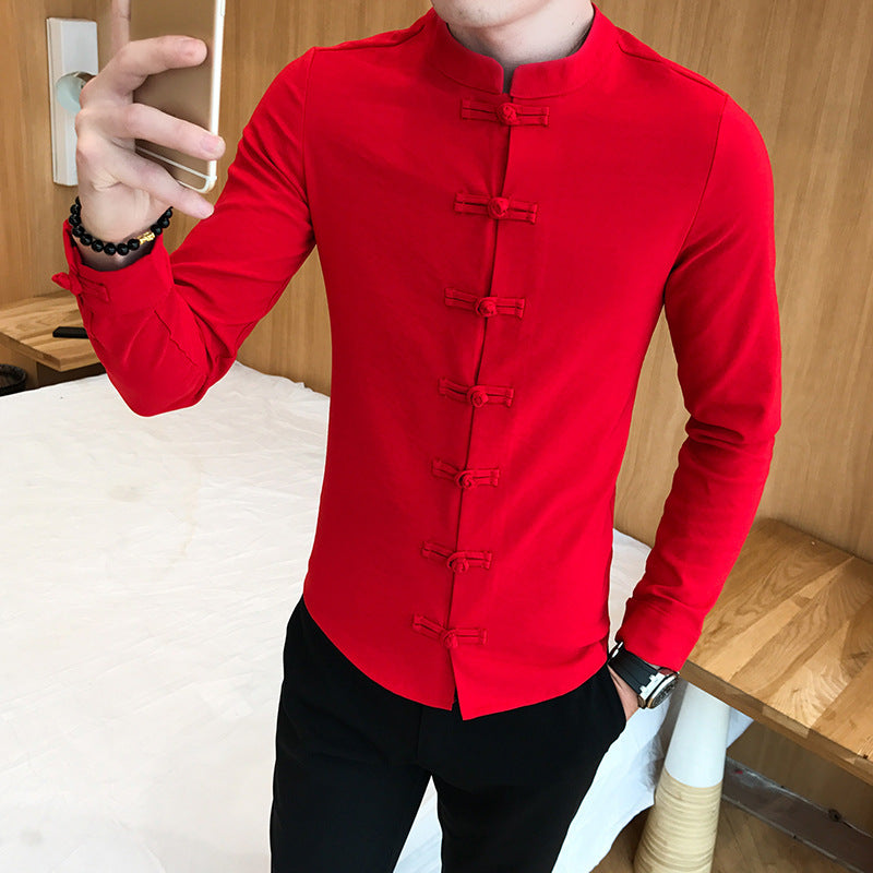 Retro Einfarbig Casual Hemd Jugend Slim Fit Frosch Langarm