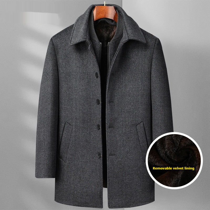 Herren Wollmantel Mittellang Fleece Plaid Abnehmbarer Doppelkragen