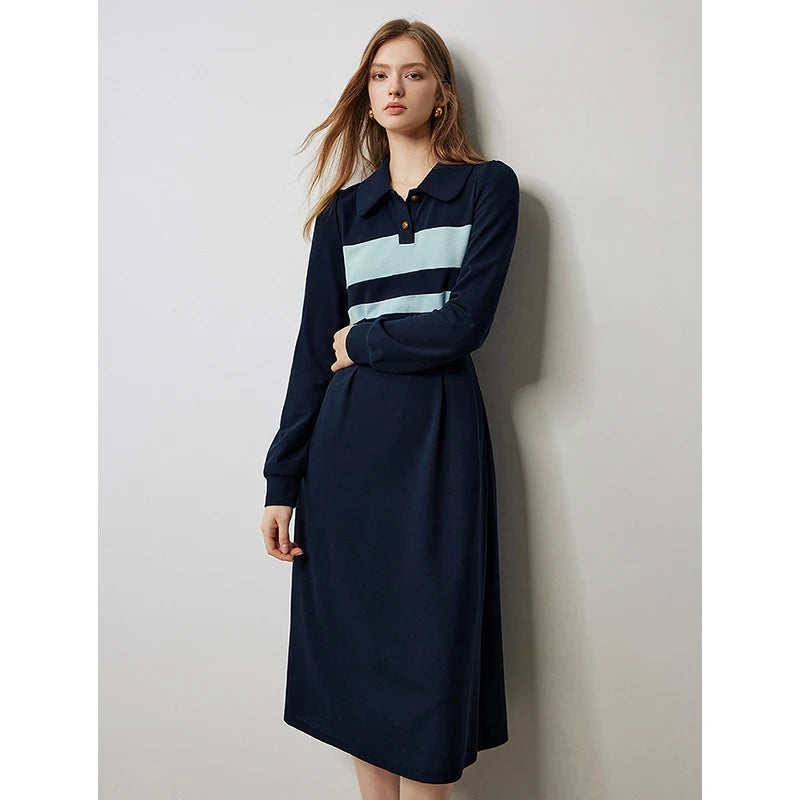 Gestreiftes Freizeitkleid mit Polokragen für Damen im Herbst