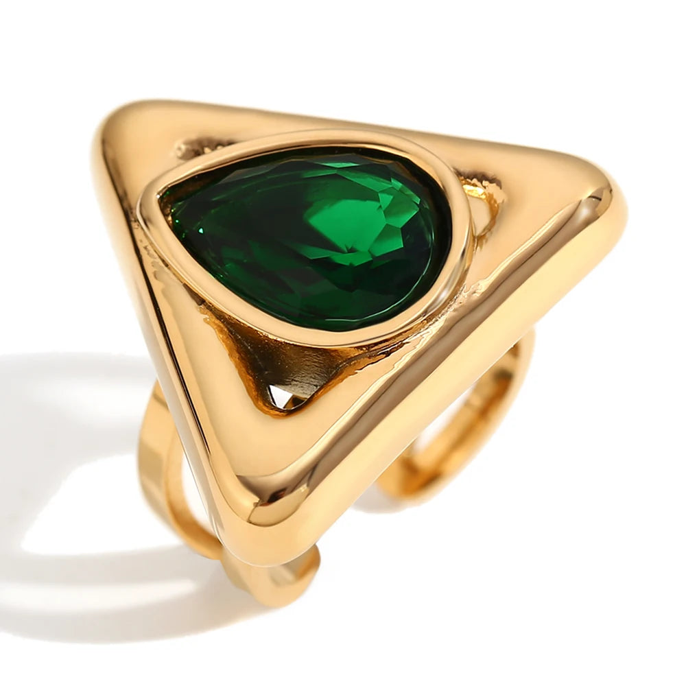 Anillo ajustable triangular con diamantes de imitación chapado en oro de 18 k - Acero inoxidable resistente al deslustre