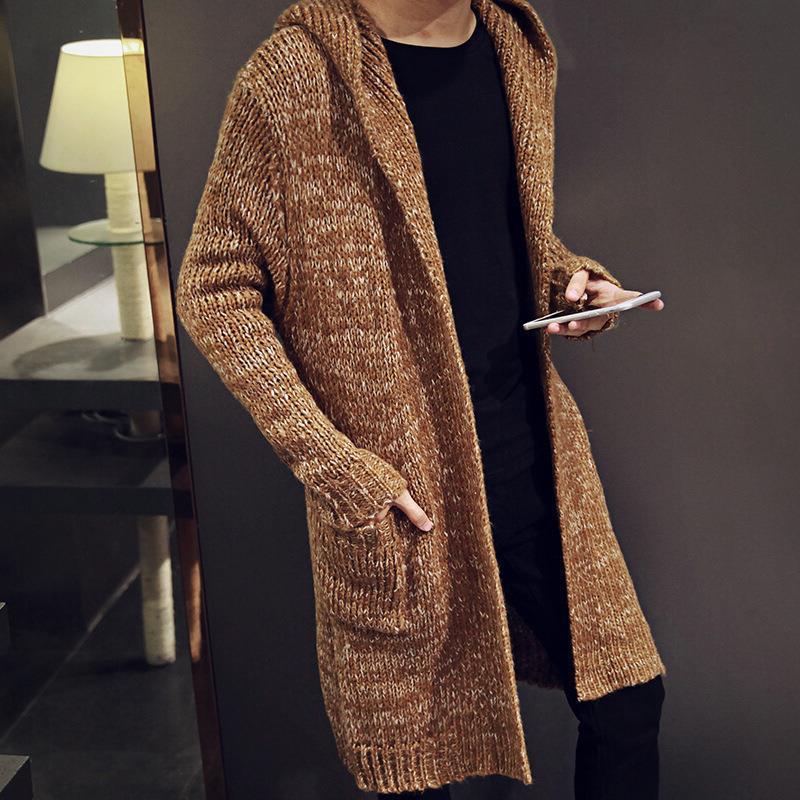 Suéter holgado largo de mohair con capucha para hombre, chaqueta de punto con bolsillo a la moda