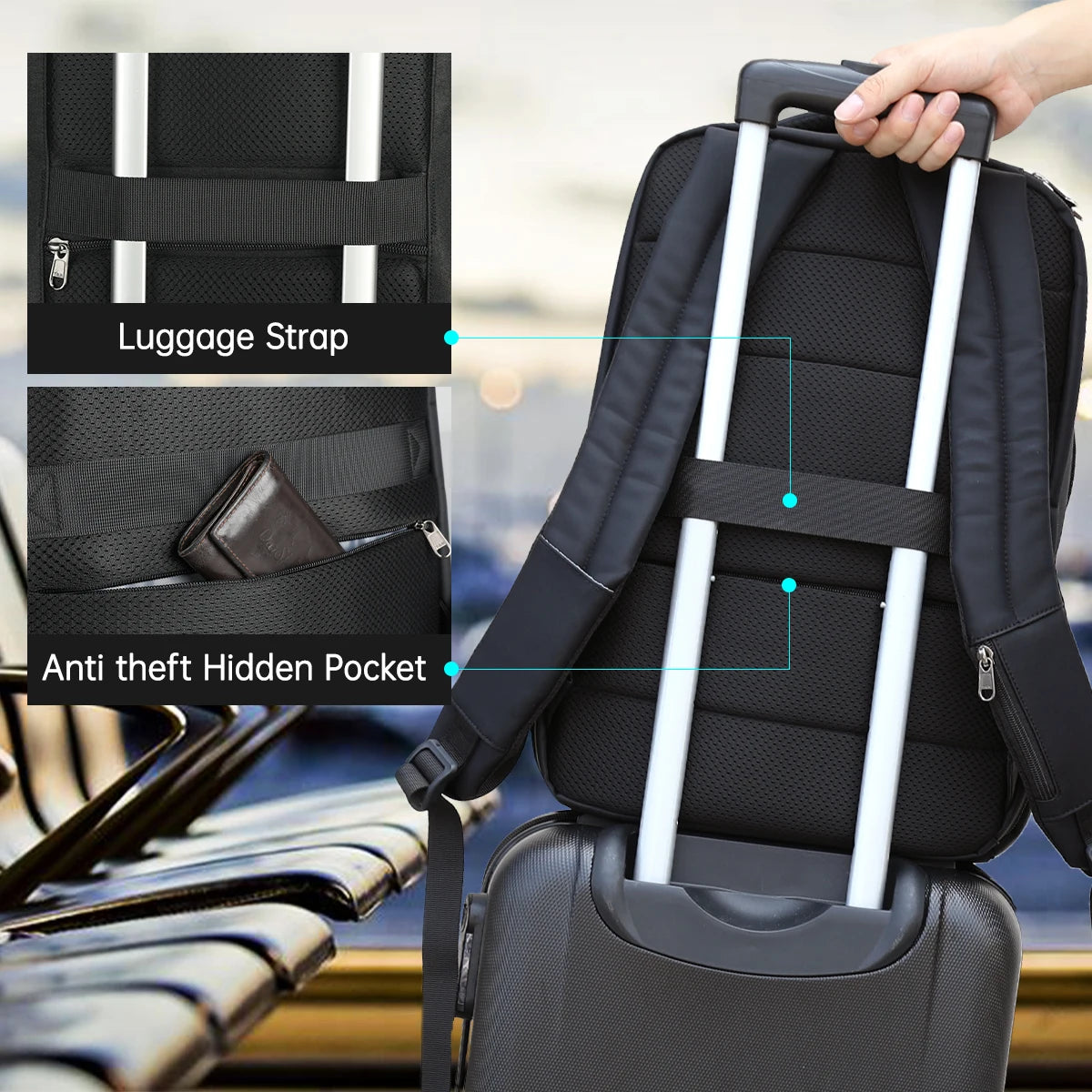 Wasserdichter Reiserucksack aus Nylon mit USB-Anschluss für 15,6-Zoll-Laptop