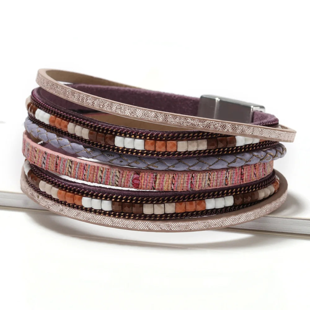 Pulsera de cuero bohemio tejida a mano con hebilla magnética