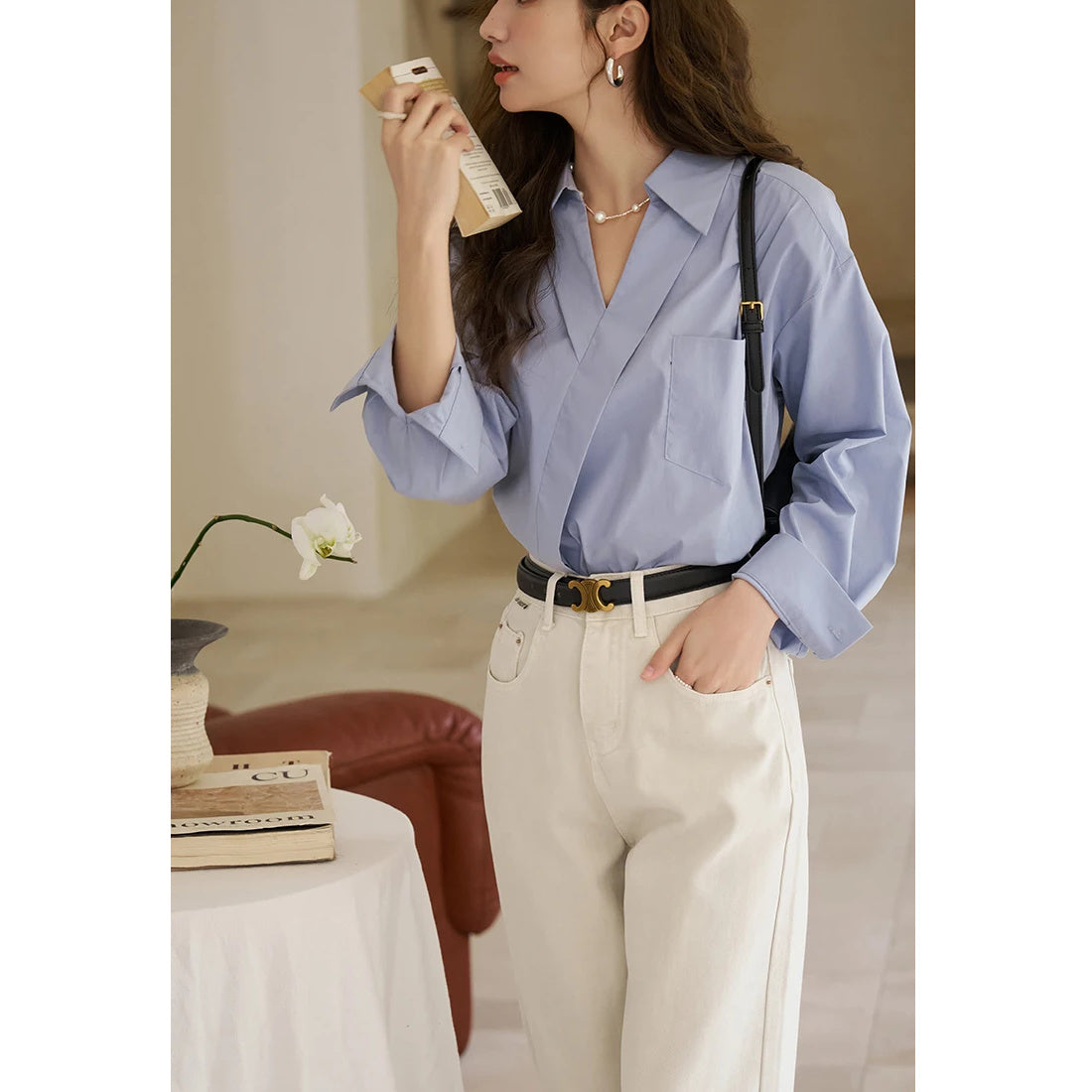 Camisa de manga larga con cuello vuelto y escote en V estilo retro francés para mujer
