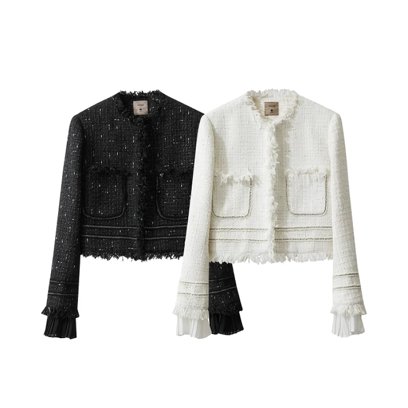 Minimalistische Tweed-Kurzjacke mit Quaste und plissierten Manschetten