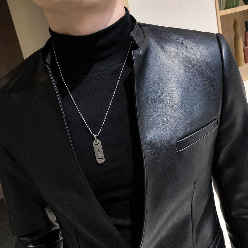 Chaqueta de cuero sencilla de marca de moda de tendencia delgada para hombre