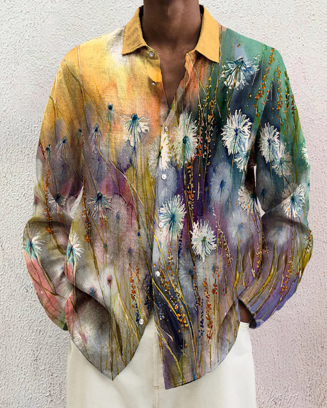 Camisa informal de manga larga con solapa y estampado 3D para hombre