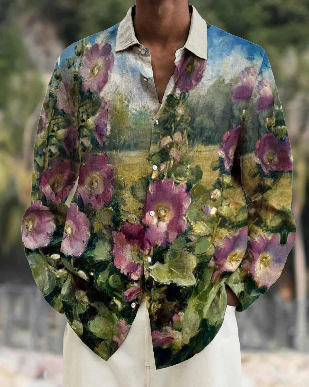 Camisa informal de manga larga con solapa y estampado 3D para hombre