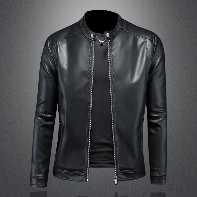 Chaqueta ajustada de cuero para motocicleta con solapa para hombre para otoño e invierno