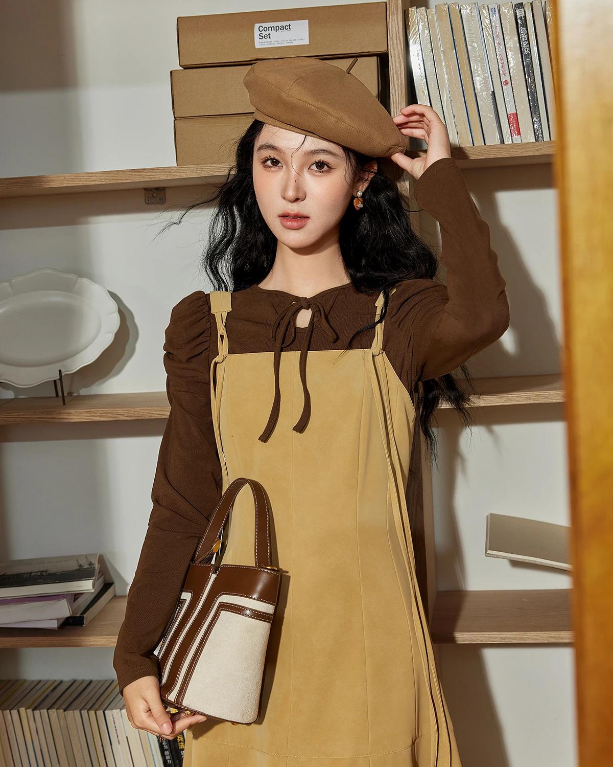 Ärmelloses A-Linien-Kleid mit PU-Lederriemen, langes Herbstkleid im französischen Stil