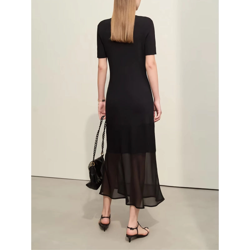 Vestido de punto con escote en V y mangas cortas unidas con gasa