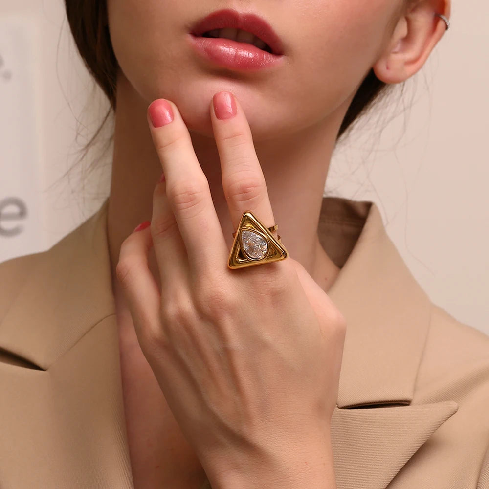 Anillo ajustable triangular con diamantes de imitación chapado en oro de 18 k - Acero inoxidable resistente al deslustre