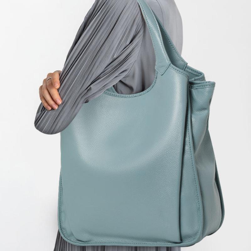 Bolso de mano de gran capacidad de piel auténtica: bolso de hombro minimalista de piel de vaca
