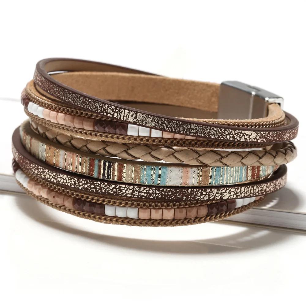 Pulsera de cuero bohemio tejida a mano con hebilla magnética