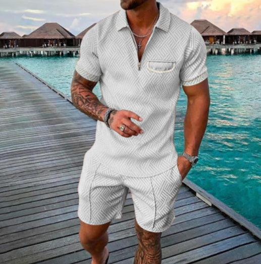 Conjunto de camisa con solapa y cremallera con estampado geométrico de manga corta en 3D de moda de verano para hombre