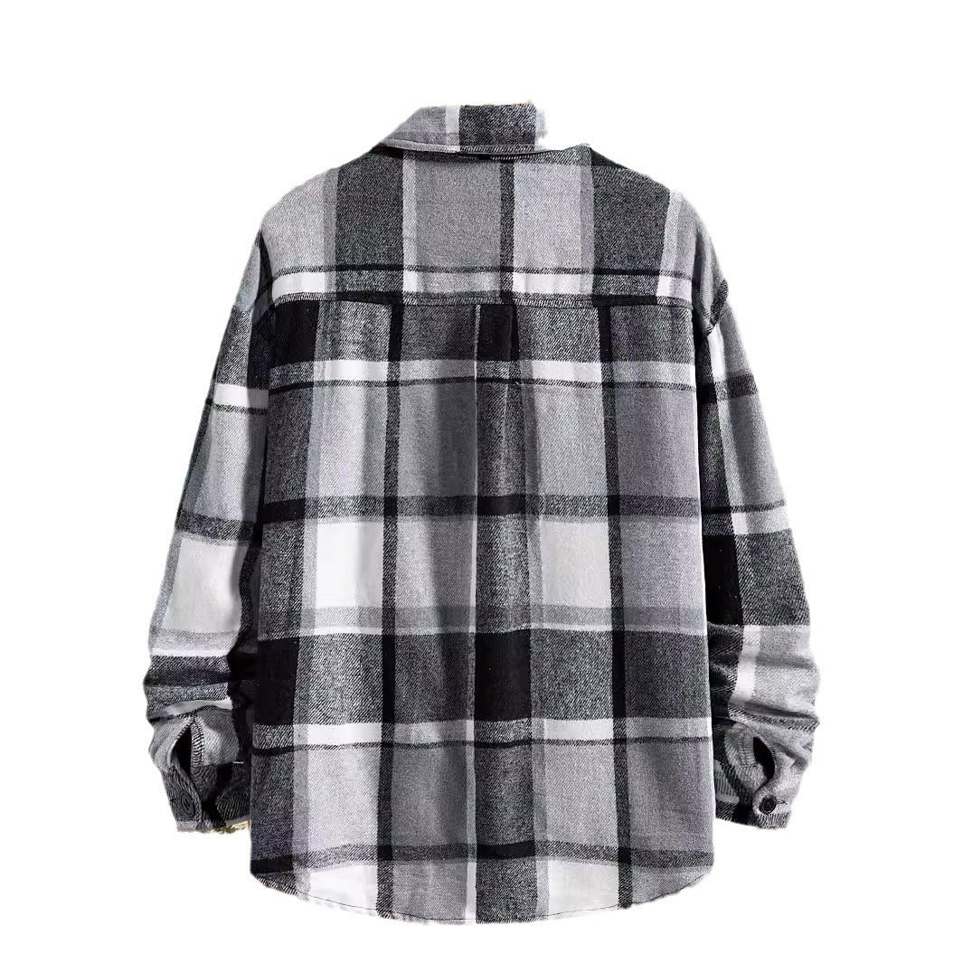 Camisa de franela de manga larga con cuadros cepillados entallados para hombre otoño-invierno