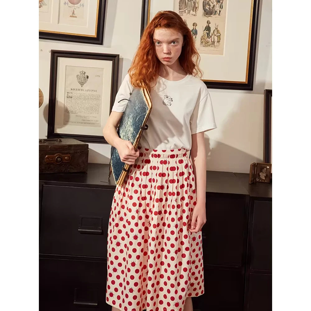 Falda de algodón con lunares en forma de A para mujer con cintura elástica y botones decorativos