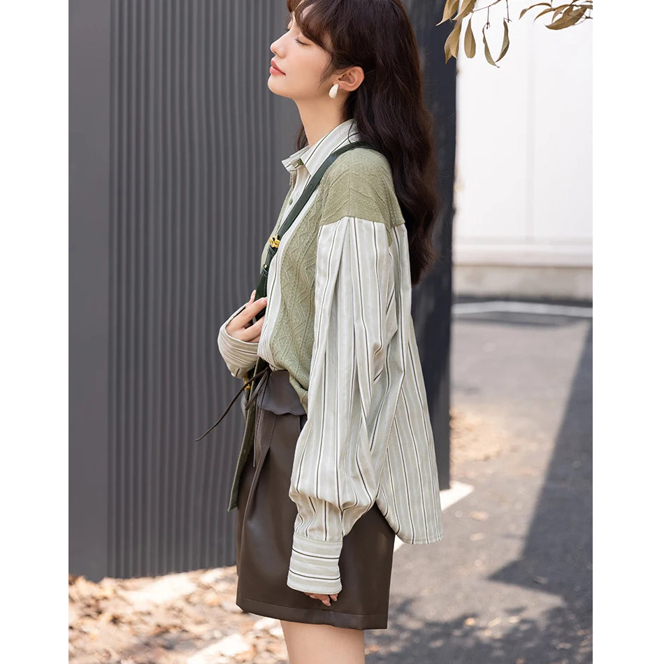 Herbst Koreanische Strick Patchwork Gestreiften Turndown Kragen Casual Tops für Frauen