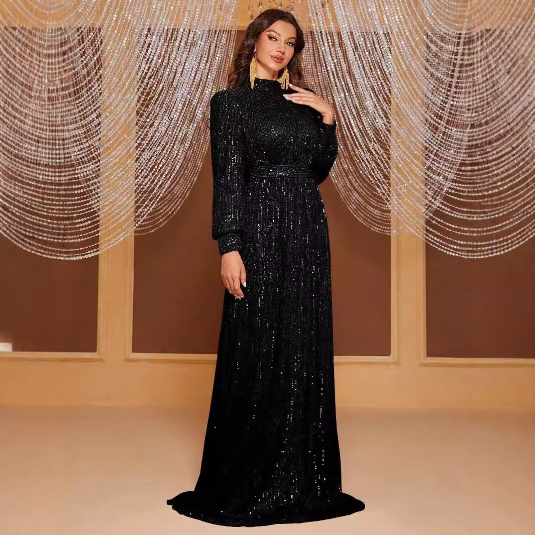 Vestido de noche largo con cuello alto y manga larga con lentejuelas de color puro, sencillo y elegante