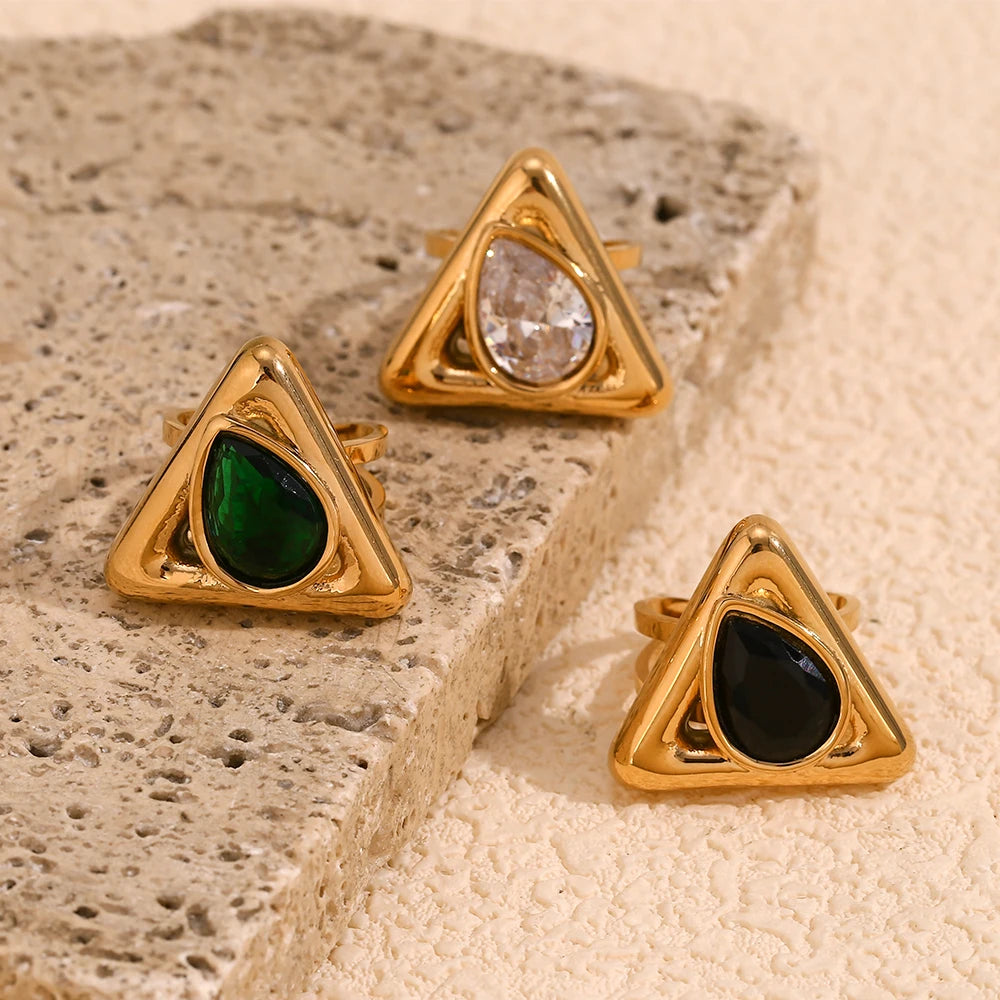 Anillo ajustable triangular con diamantes de imitación chapado en oro de 18 k - Acero inoxidable resistente al deslustre