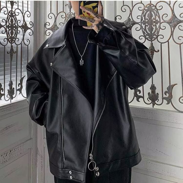 Chaqueta de motociclista Parker holgada de cuero para amantes del otoño e invierno con forro polar